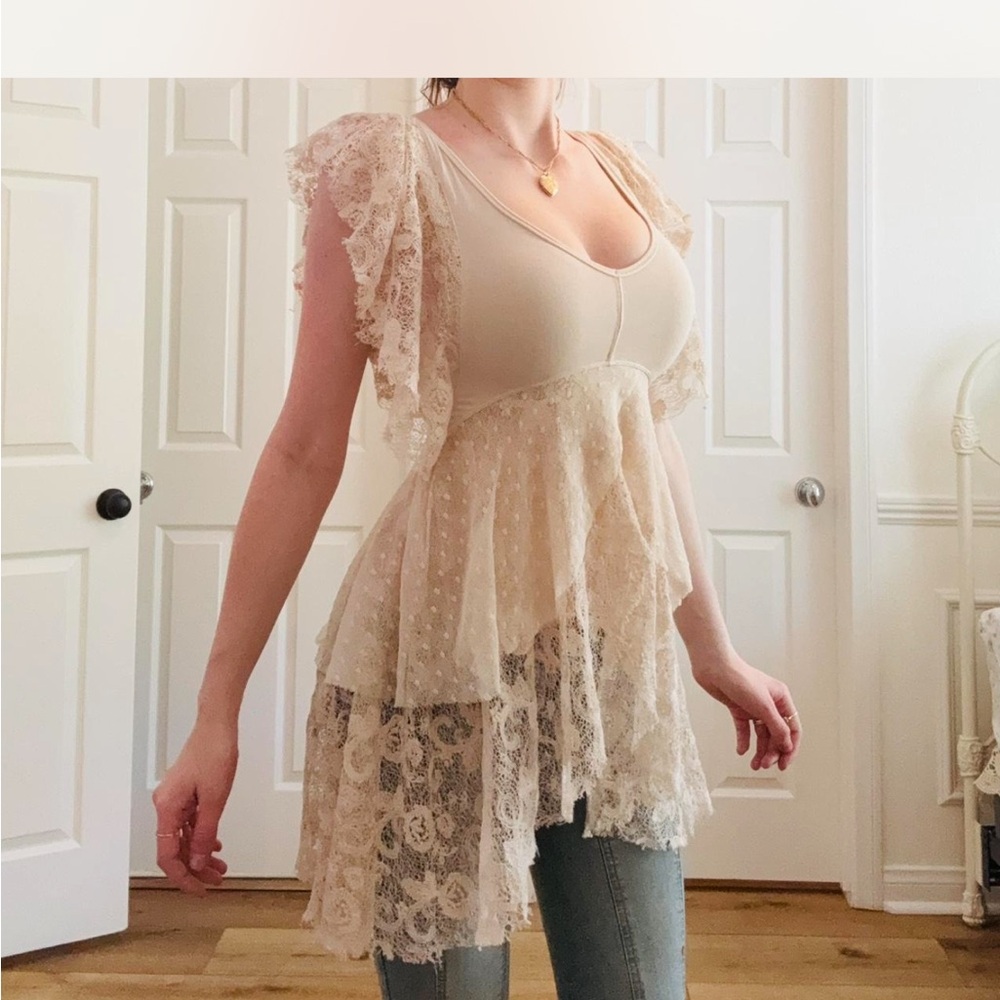 Free People Lace Flutter-Sleeve Tunic Top - Cream